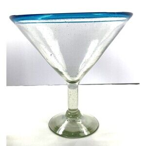 8”Mexican Vtg Hand Blown Glass Cobalt Blue Rim & Base GIANT Martini Glass 32 oz